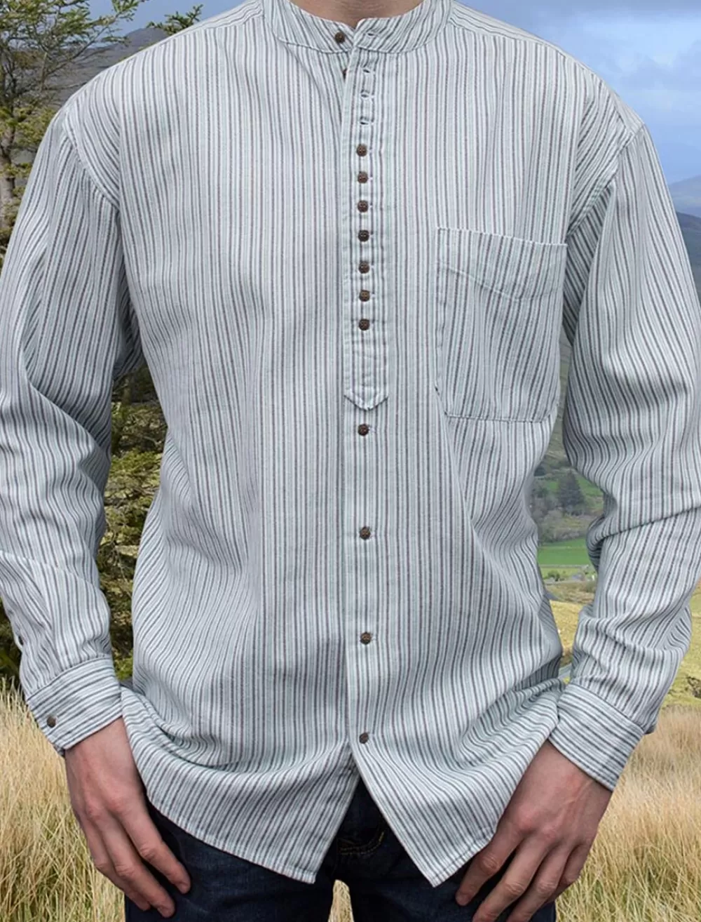 Online Grandfather Shirt - Blue & Green Pin Stripe | Aran Sweater Market Grandfather Shirts And Waistcoats