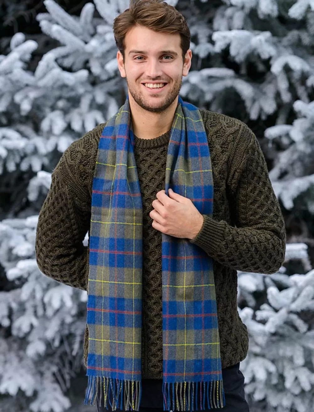 Hot Long Blue Olive Plaid Narrow Lambswool Scarf | Aran Sweater Market Lambswool Scarves