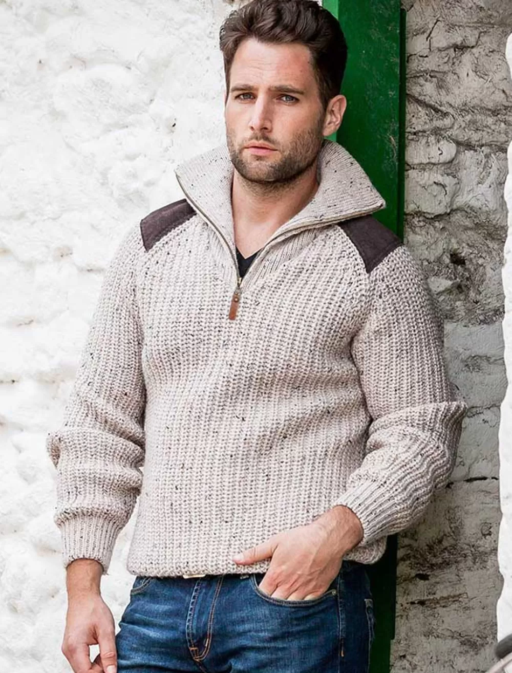 Cheap Mens half zip sweater with patches, Irish wool sweater | Sweaters